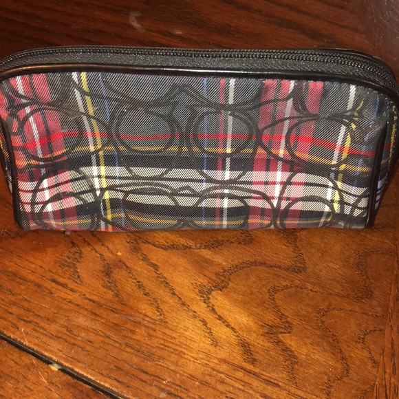 Coach Poppy Tartan Plaid Red Black Multi Stripe Small Cosmetic Case Bag Zip - Picture 5 of 9